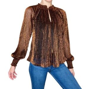 Roan & Ryan Brown Holiday Sparkle Metallic Lamé Mock Neck Blouse